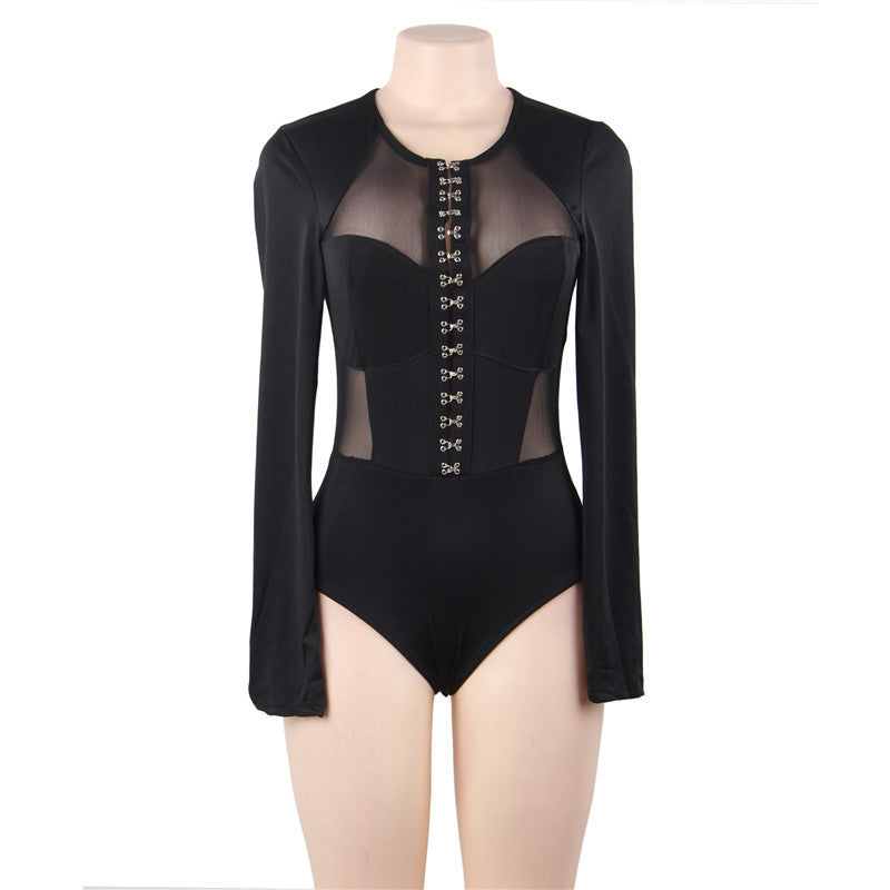 V-neck Long Sleeve Mesh Back Bodysuit in Lingerie