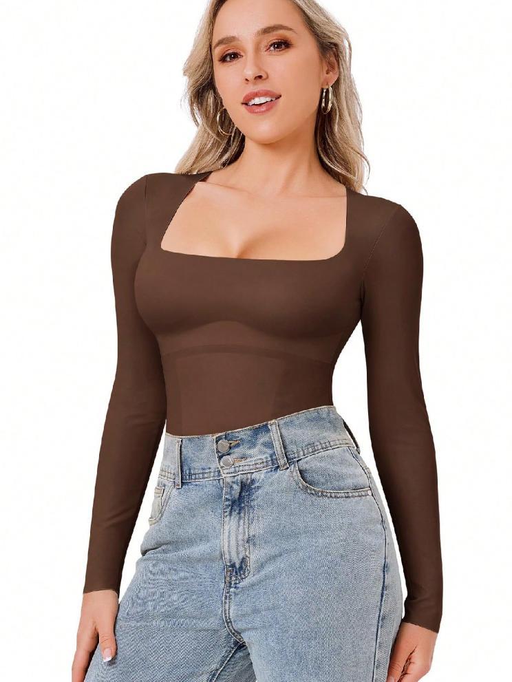 Long Sleeve Square Neck Tummy Shaper Bodysuit