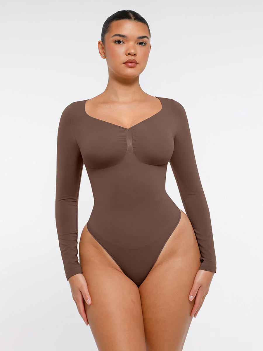 Seamless Long Sleeve Chest Support Thong Bodysuit