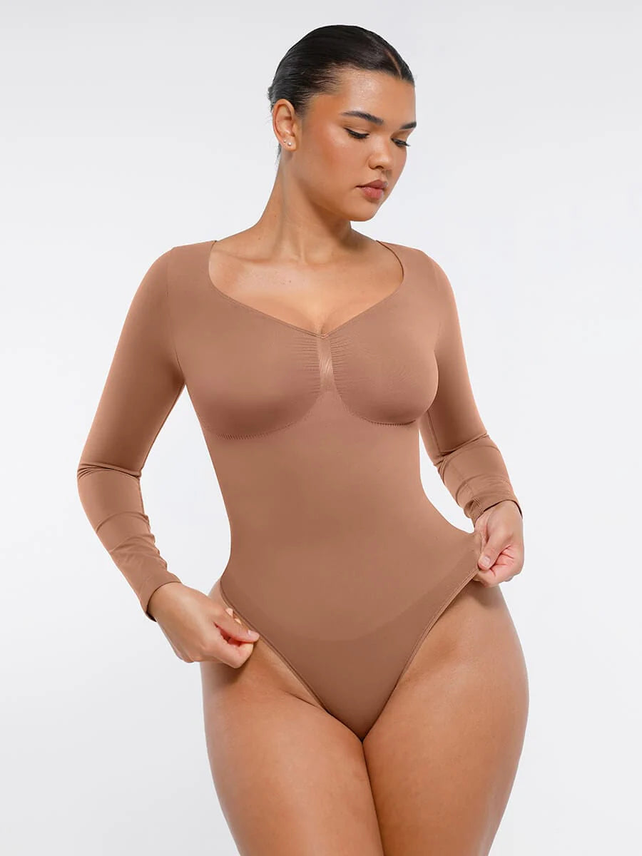 Seamless Long Sleeve Chest Support Thong Bodysuit