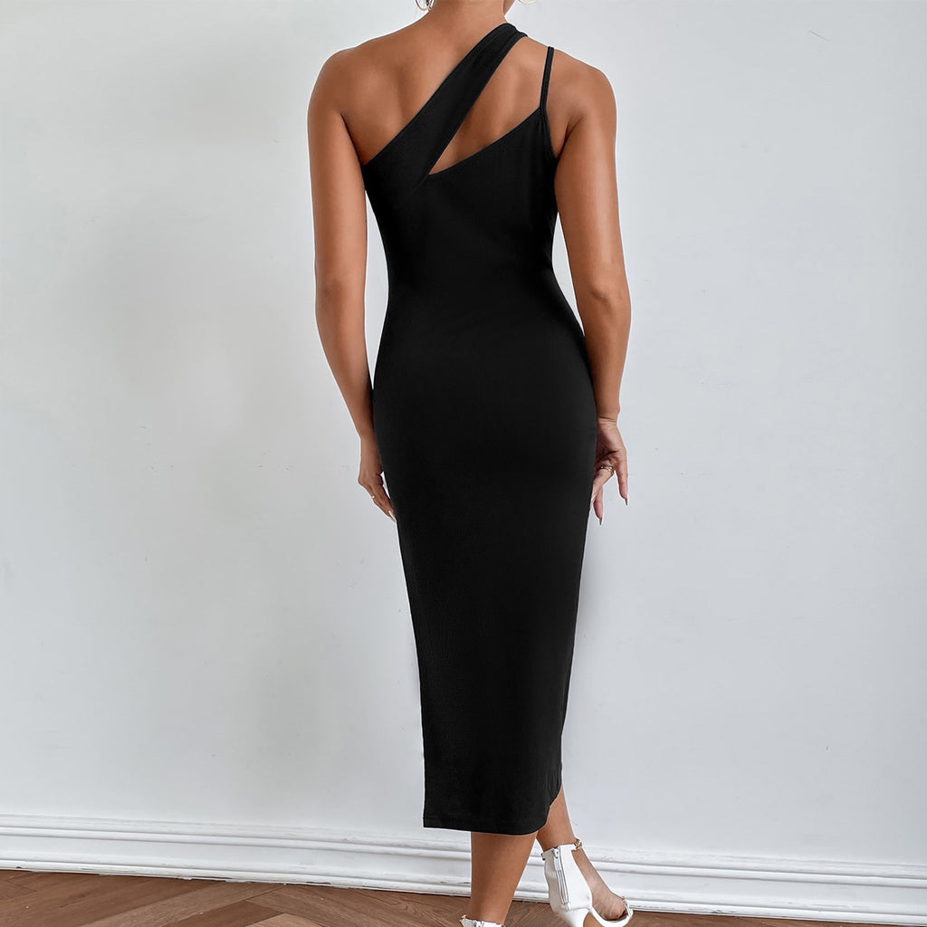 One-shoulder Slit Hip Slimming Open Back Dress