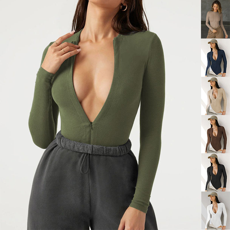 Knit Long Sleeve V-Neck Zipper Jumpsuit