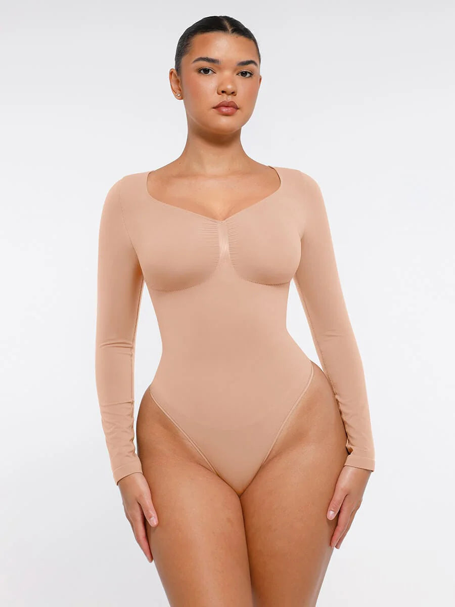 Seamless Long Sleeve Chest Support Thong Bodysuit