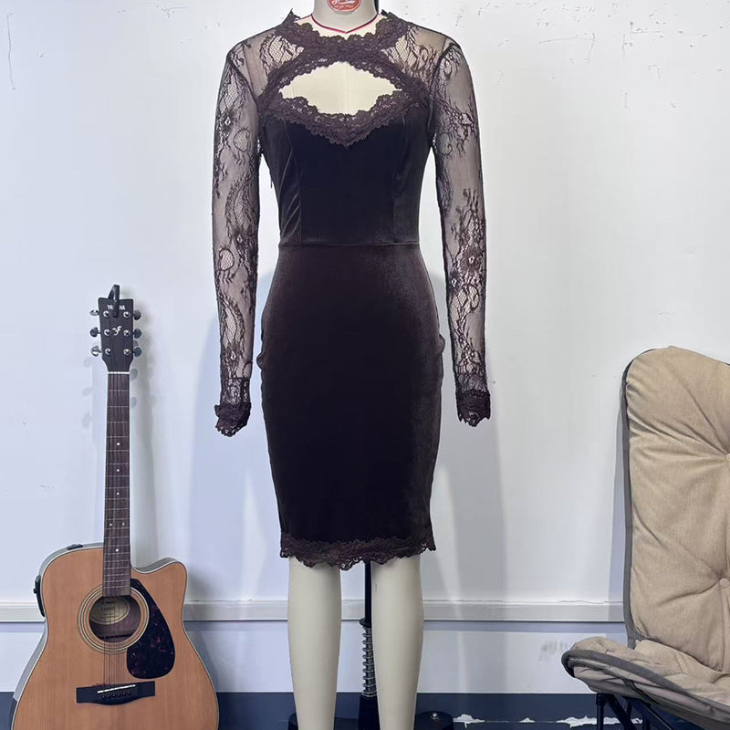 Lace Trim Long Sleeve Bodycon Dress