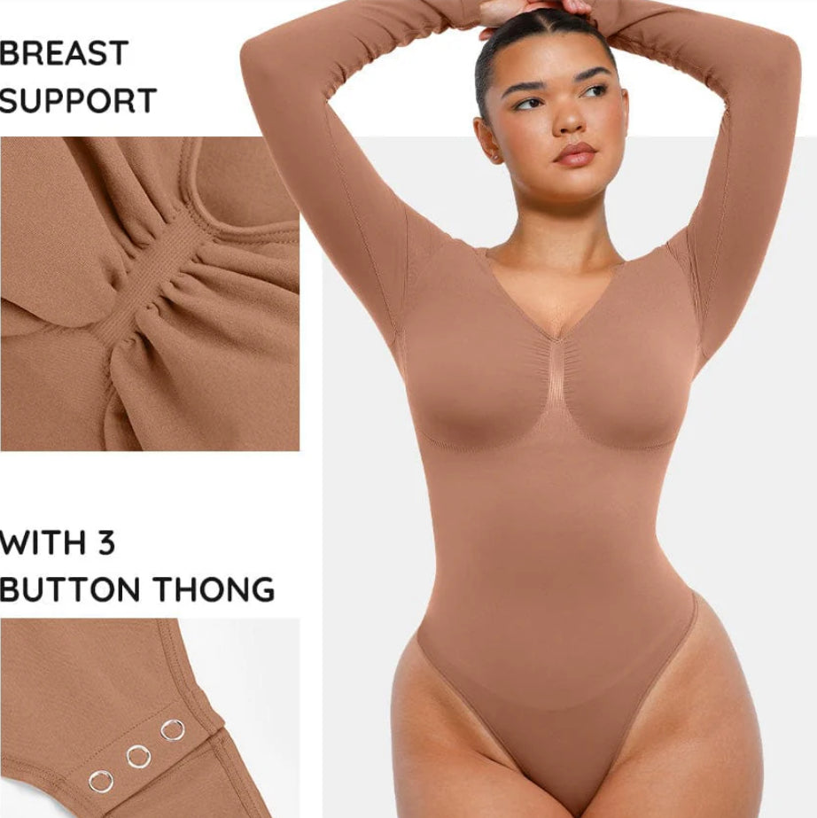 Seamless Long Sleeve Chest Support Thong Bodysuit