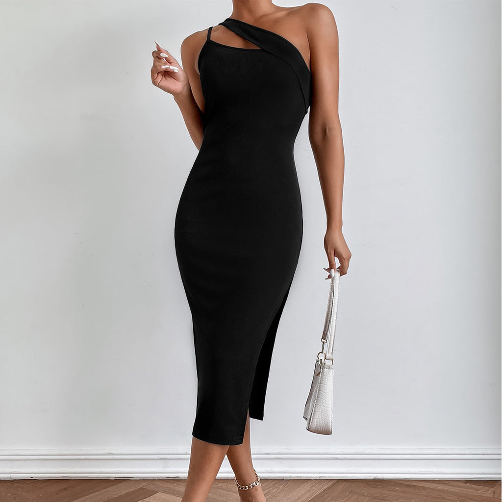 One-shoulder Slit Hip Slimming Open Back Dress