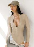 Knit Long Sleeve V-Neck Zipper Jumpsuit