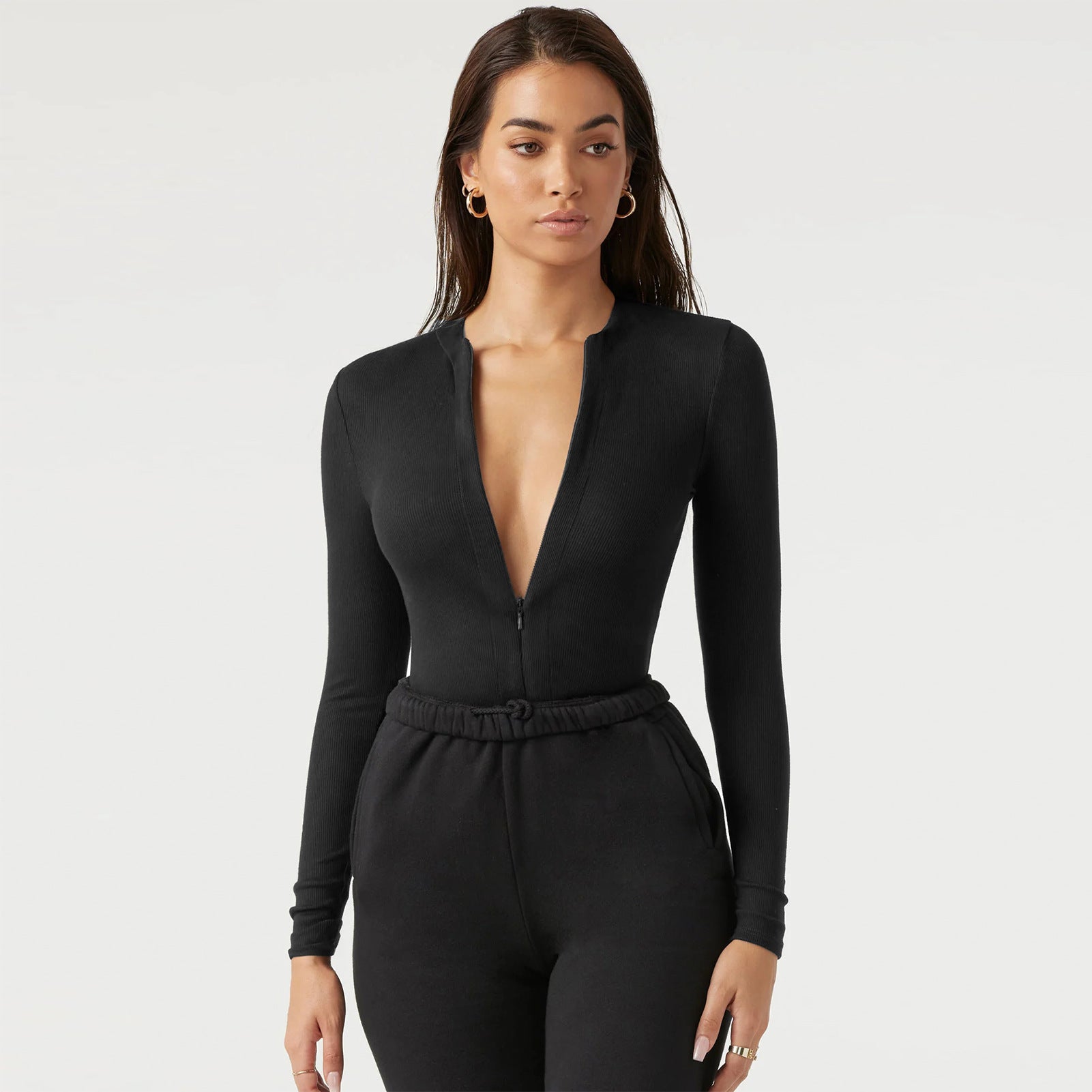 Knit Long Sleeve V-Neck Zipper Jumpsuit