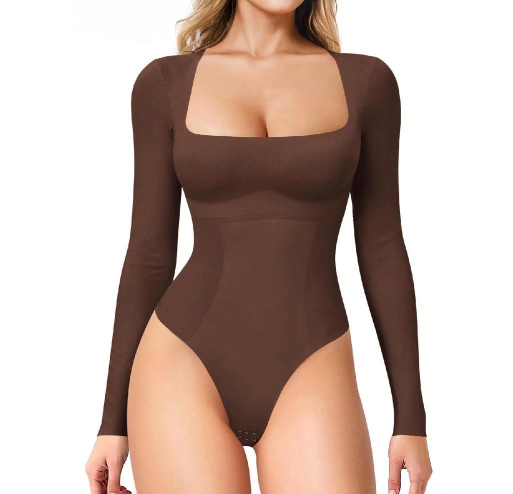 Long Sleeve Square Neck Tummy Shaper Bodysuit